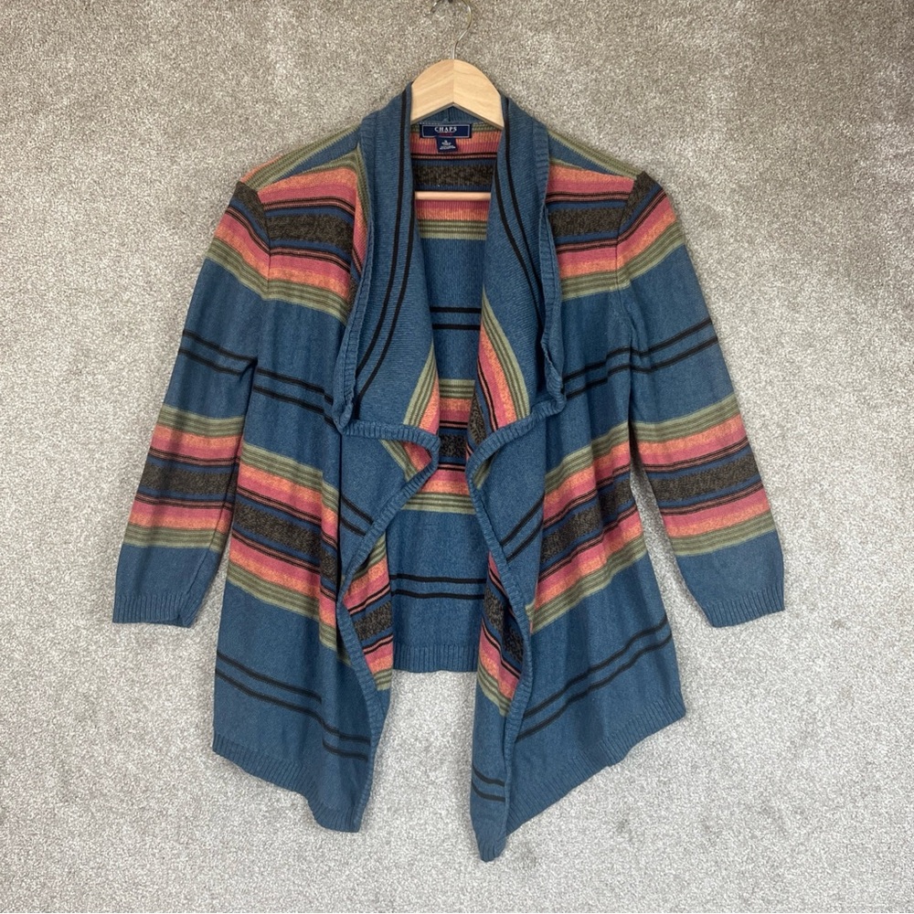 Chaps Cardigan Womens Small Blue Pink Stripe Linen Cotton Blend- 2250*